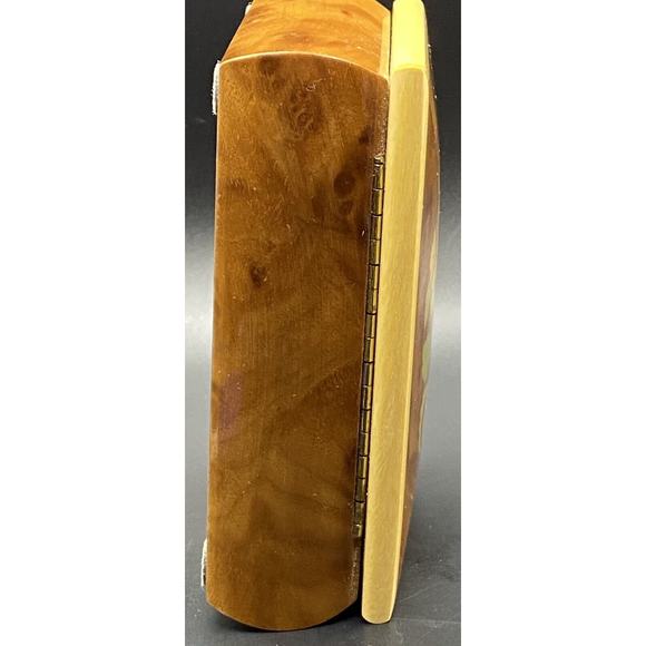 Burl Wood Laquered Trinket Box Floral Pink Yellow Flowers Velvet Hinged Lid - Picture 8 of 16